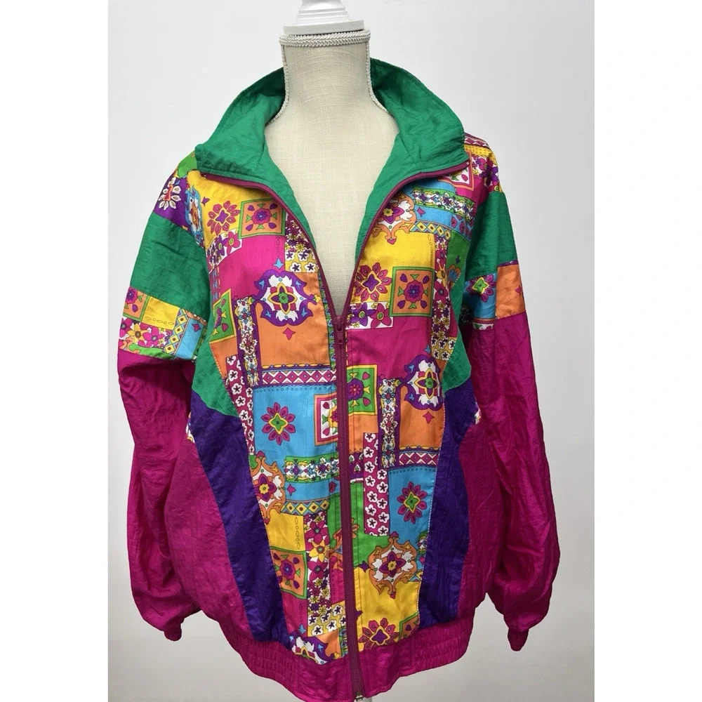 Vintage Windbreaker Jacket Women Large Nylon Loud Geometric Pattern Retro 80s 90